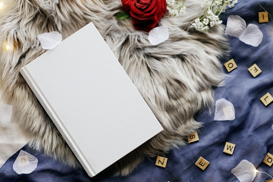A blank white hardcover book lies on a soft, fluffy gray surface. Surrounding it are a red rose, scattered white flower petals, small white flowers, and wooden Scrabble tiles on a dark blue fabric.