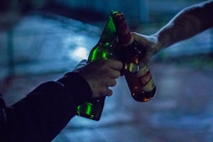 Two hands holding beer bottles are clinking them together, creating a moment of celebration or camaraderie. The background is blurred, suggesting an outdoor or dimly lit setting.