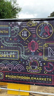 A vibrant banner with neon-style illustrations and text, featuring images of noodles, ice cream, a champagne glass, and various abstract shapes. There is also the hashtag #NIGHTNOODLEMARKETS displayed prominently.