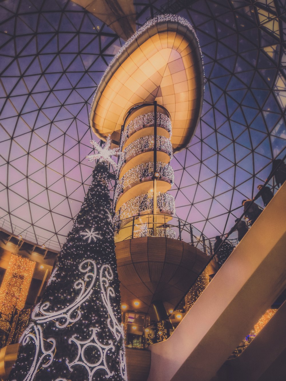 Uma grande árvore de Natal em frente a uma cúpula de vidro