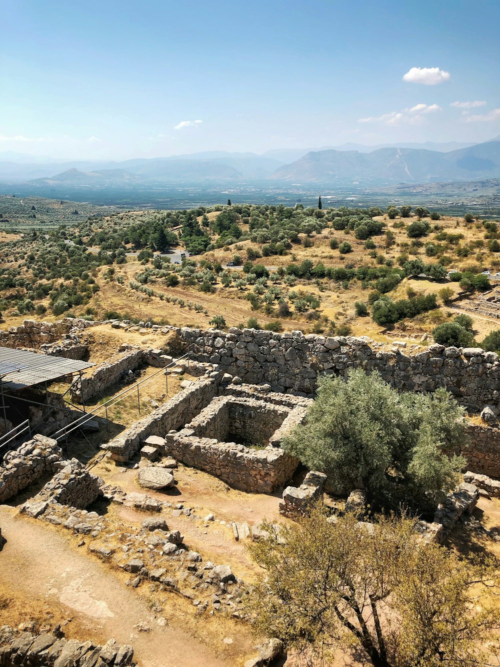 Veduta aerea del muro di pietra grigia vicino ai cespugli