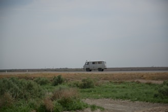 The transport van driving through a quiet neighborhood on a sunny day.