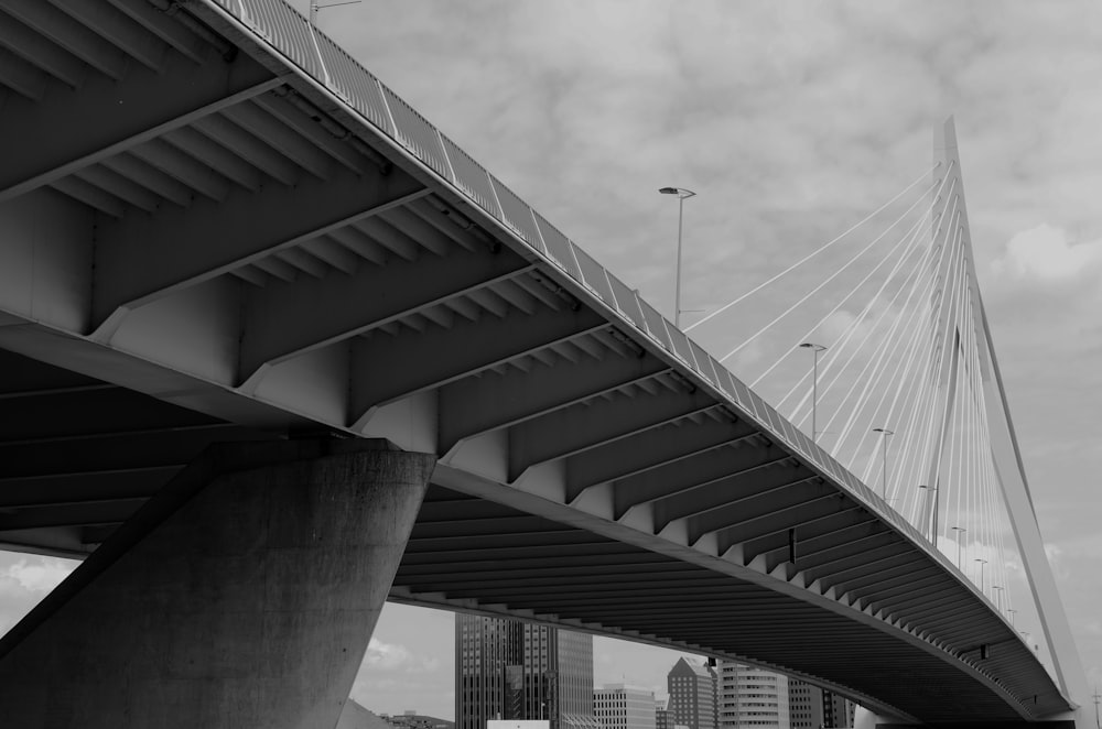 grayscale photography of cable bridge
