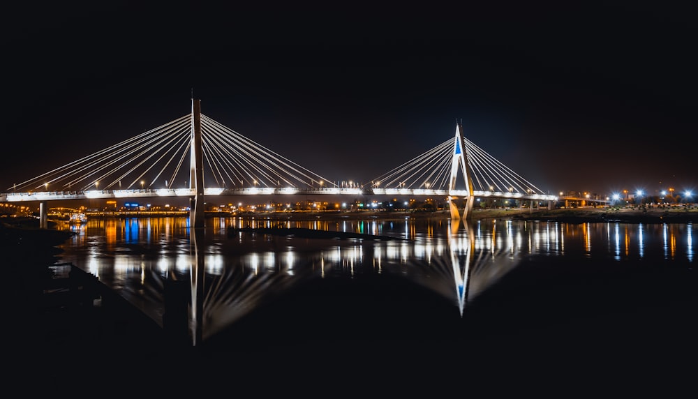 body of water under bridge near city at night