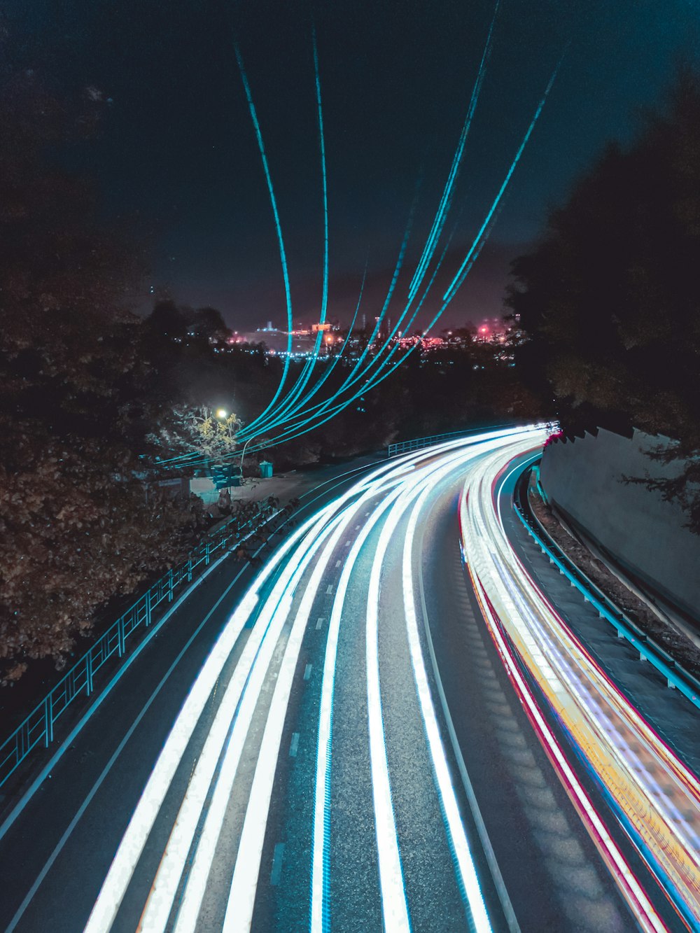timelapse photography of road at night