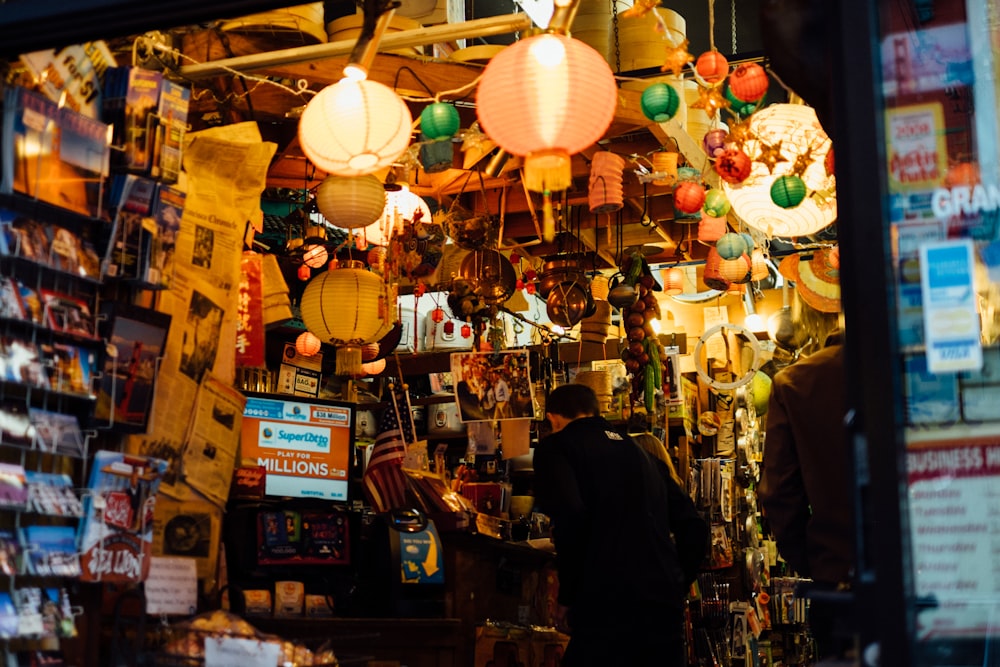 assorted-color hanging lanterns