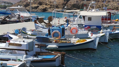 A busy marina with several small fishing boats docked along a pier. The boats have various equipment and supplies on them, such as nets and lifesavers. The water is a deep blue, contrasting with the white and blue color of the boats. In the background, rocky cliffs rise above the harbor.