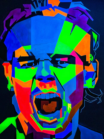 A stylized geometric portrait of Jacob Ncube with electric blue accents on a dark background.