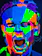 A vibrant pop art style portrait of a happy young woman with colorful geometric shapes in the background.