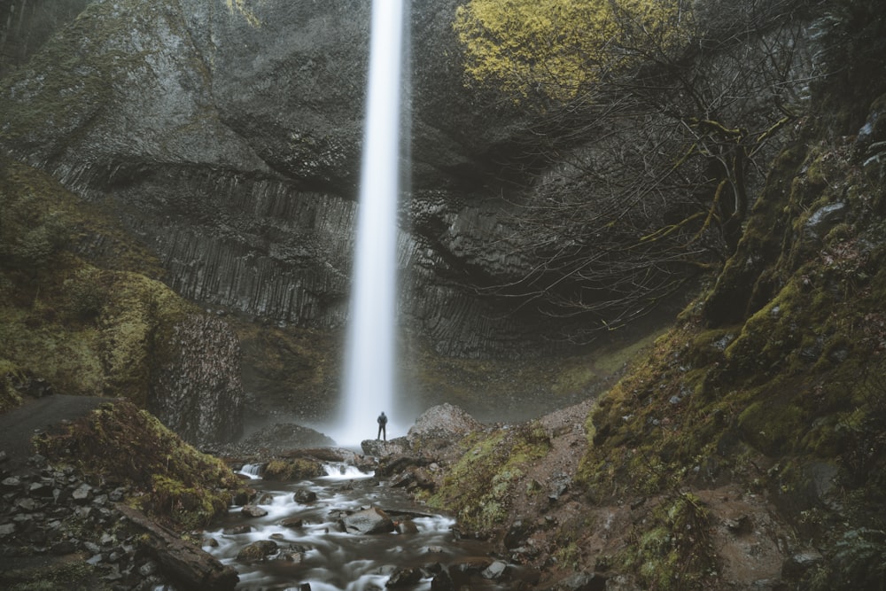 homme debout près des chutes d’eau