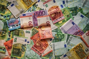 A collection of various denominations of colorful Euro banknotes scattered on a surface, including 500, 200, 100, 50, and 10 Euro bills.