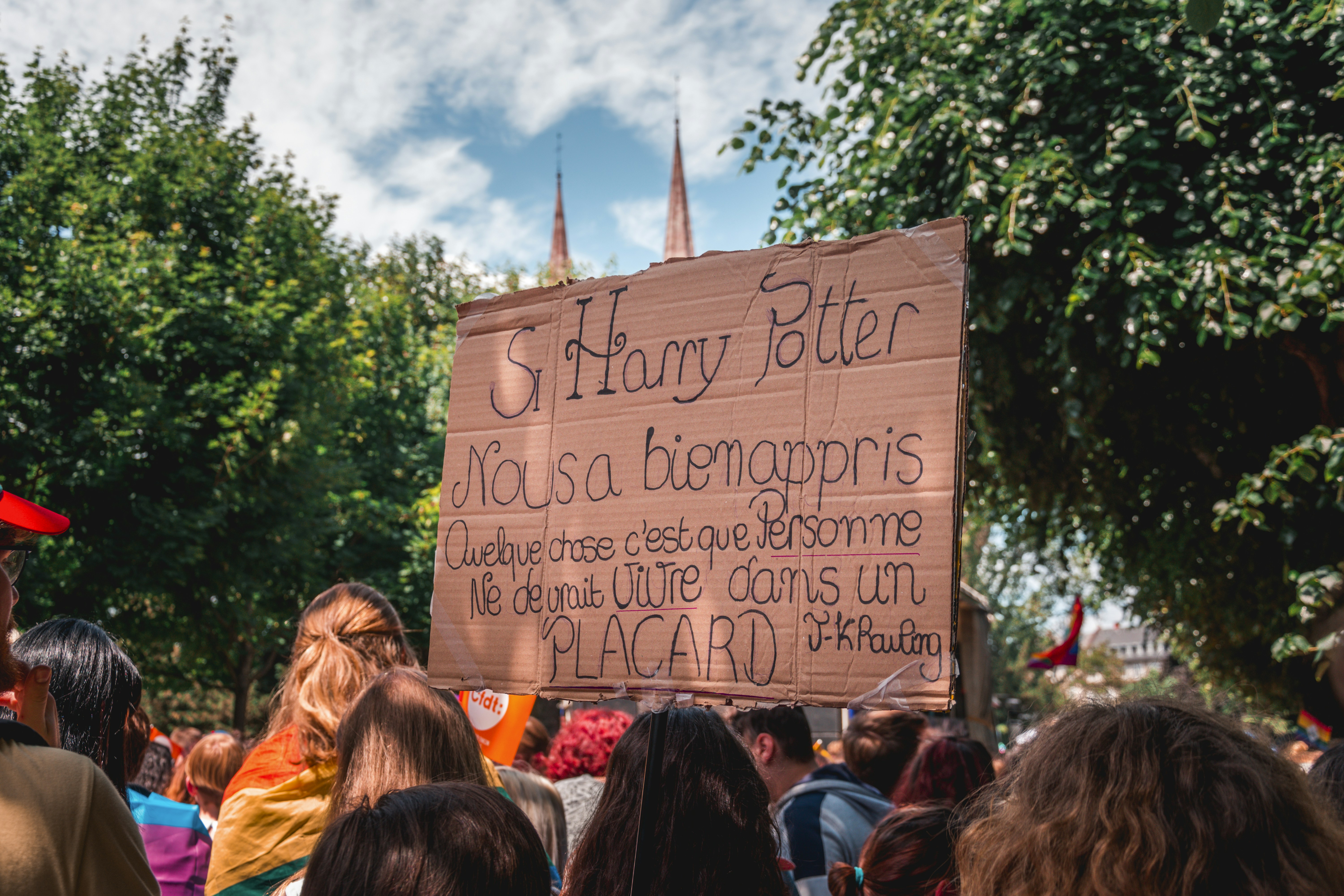 woman holding brown and black printing cardboard signage