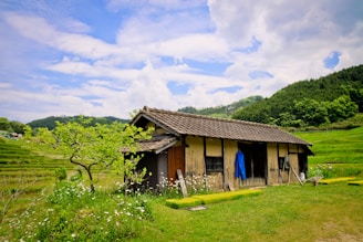 A rustic, traditional house stands amidst a lush, green landscape. The building features a wooden roof and walls, with a bright blue garment hanging outside. A tree with fresh, green leaves is seen nearby, along with an abundance of dainty white flowers. Rolling hills and forests form the backdrop under a partly cloudy sky.