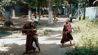 Children playing in an outdoor setting surrounded by trees and greenery. Some of them are wearing traditional monk robes and appear to be enjoying a sunny day, laughing and running.