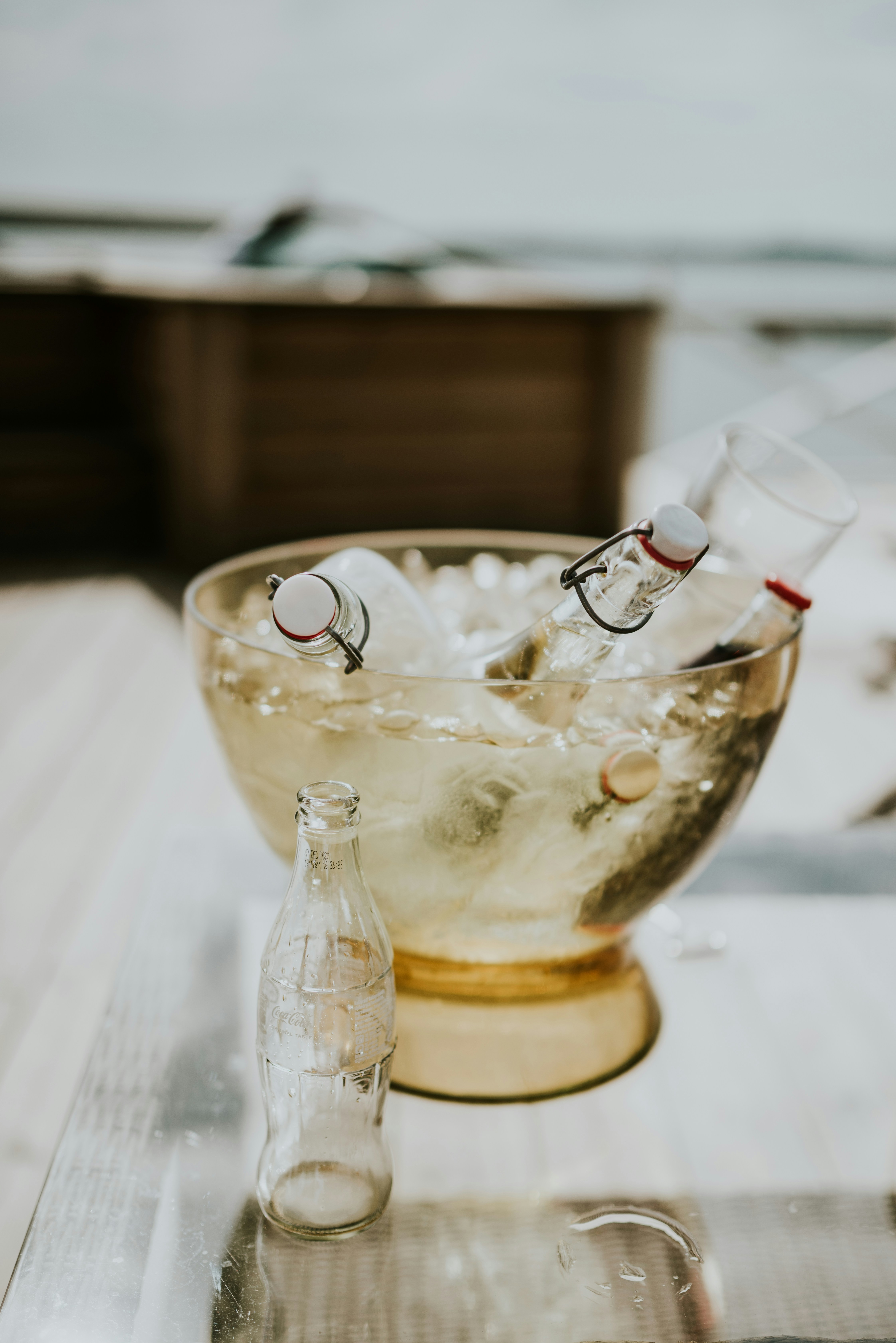 bottles on glass bucket