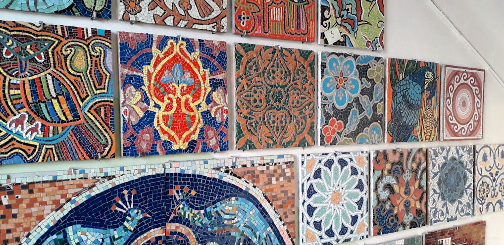 Close-up of a vibrant mosaic tile pattern showcasing intricate craftsmanship.