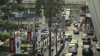 A busy urban scene featuring a crowded street with heavy traffic, including cars and taxis. Pedestrians are walking on the sidewalks, and various signs and advertisements are visible. A large overpass runs above the street with train tracks. Trees and urban greenery add some natural elements to the scene.