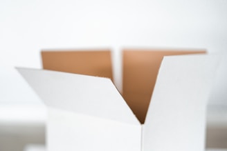 A close-up view of an open, empty cardboard box with a white exterior. The box flaps are unfolded, revealing the brown interior. The focus is on the box, with a minimalist, blurred white background.