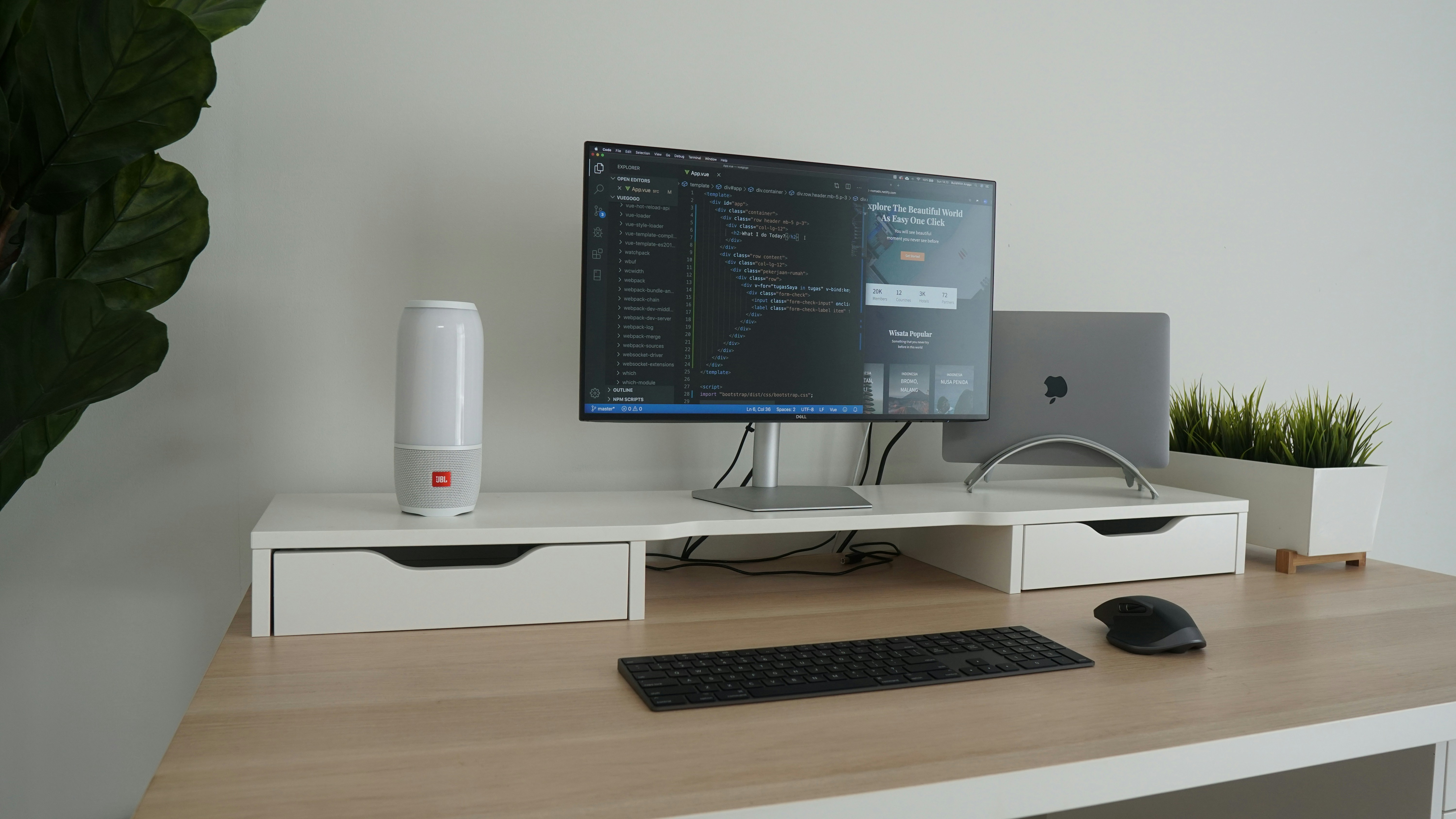 Clean bright monitor showing HTML structure on white desk, open airy room, natural light