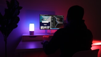 A person is sitting in a dark room, facing a computer screen that displays code. A desk lamp casts a blue glow, contrasting with the reddish ambient lighting. A silhouette of the person is visible, and there is a plant partially seen on the left.