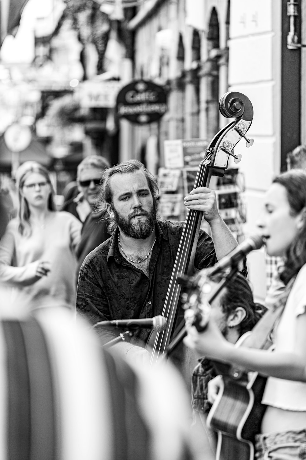 grayscale photo of musician