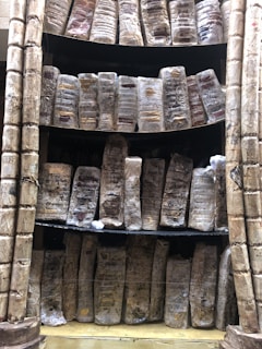 Several rows of aged and weathered books are stacked closely on shelves. Their worn covers and spines suggest a historical or antique feel, with visible dirt and discoloration.