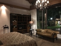 Cozy boutique hotel room with elegant decor and soft natural light.