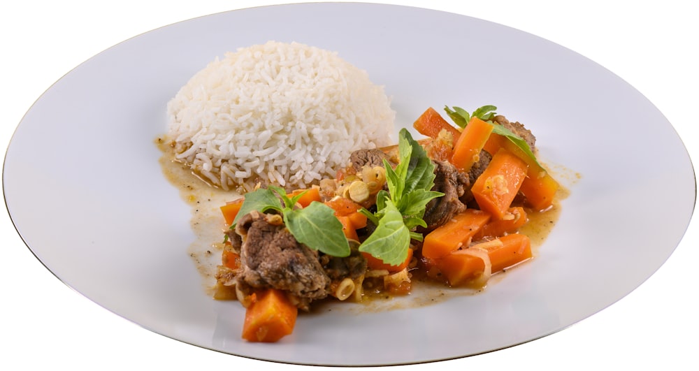 steamed rice and meat and vegetable slices