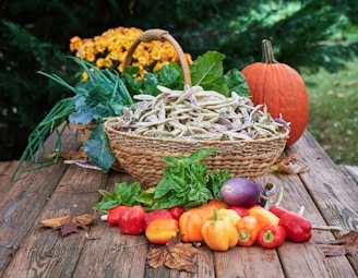 basket of fruit on wooden table