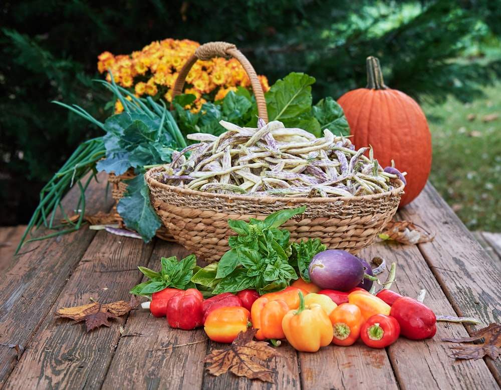 basket of fruit on wooden table