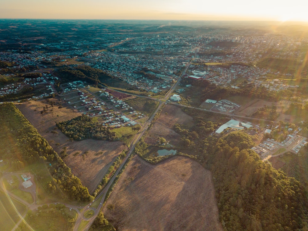 aerial view of houses and trees during sunrise