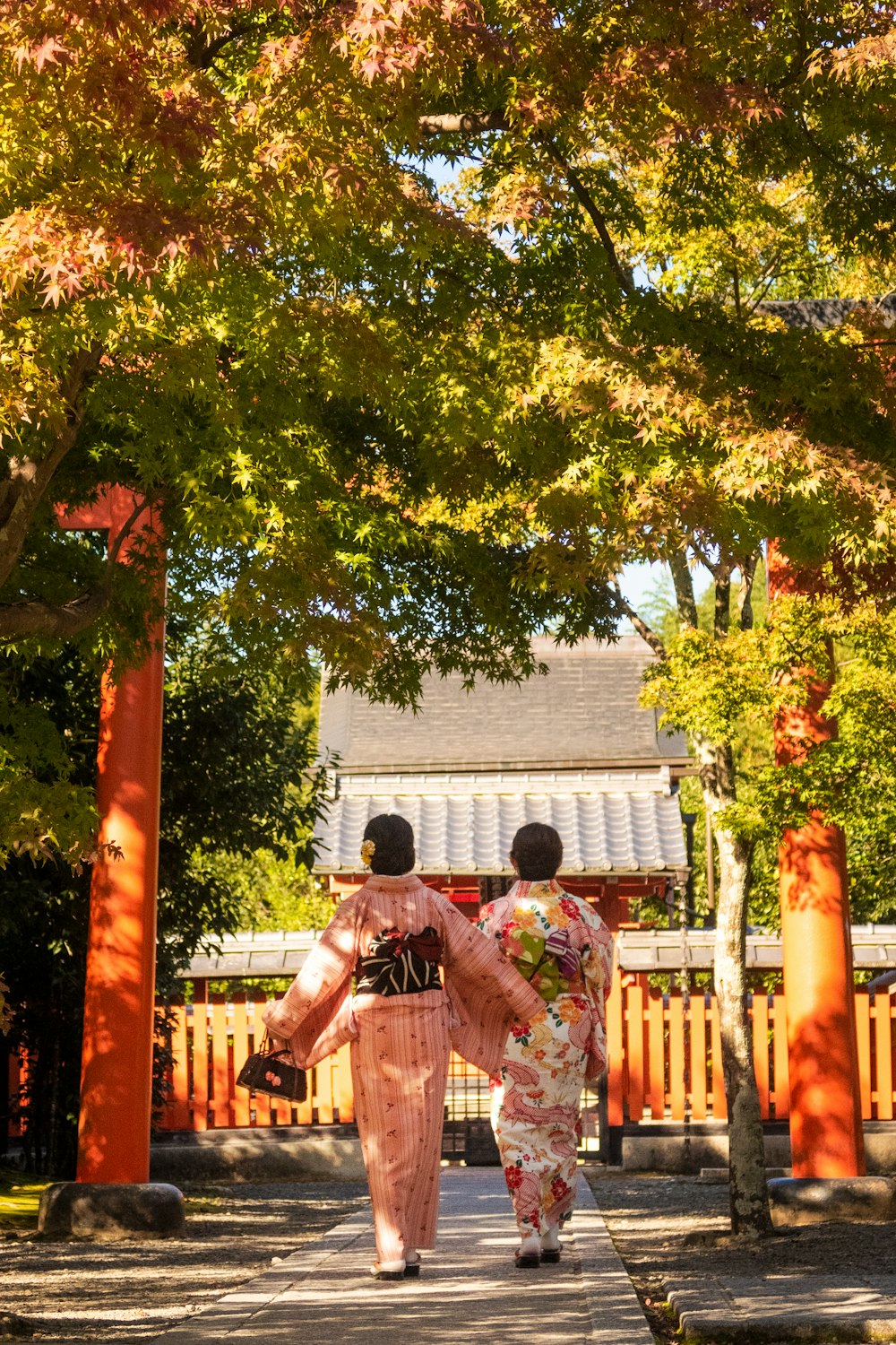 women in dresses walking bear trees