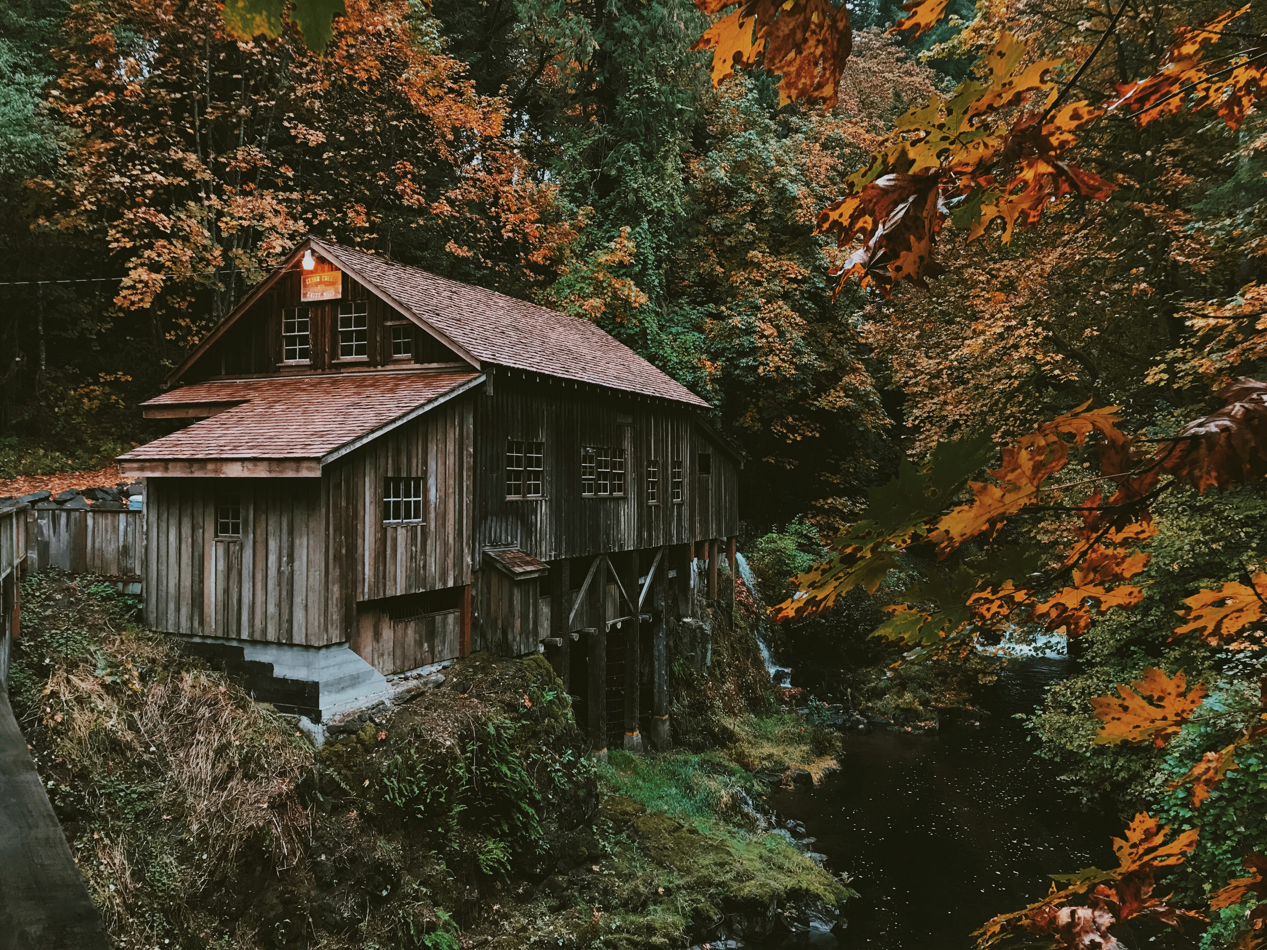 A dark wooden house by the lake in autumn