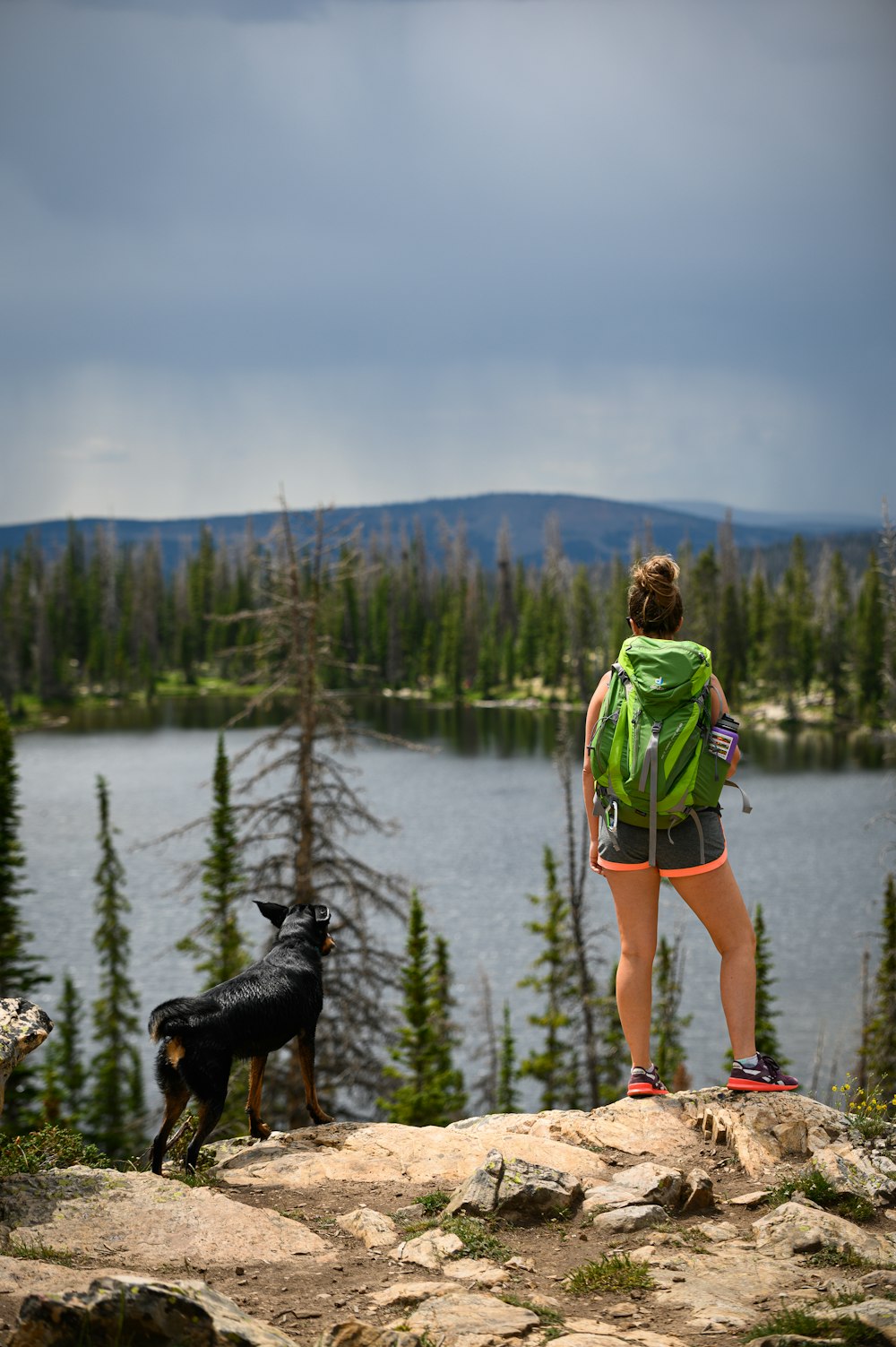 Femme avec un sac à dos vert debout sur un rocher à côté d’un chien