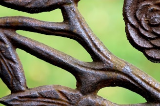 Close-up of a wrought iron structure with intricate, organic patterns resembling leaves and a rose shape. The metal is weathered, showing a brownish, oxidized surface. The background is a soft, blurred green, likely grass or foliage.