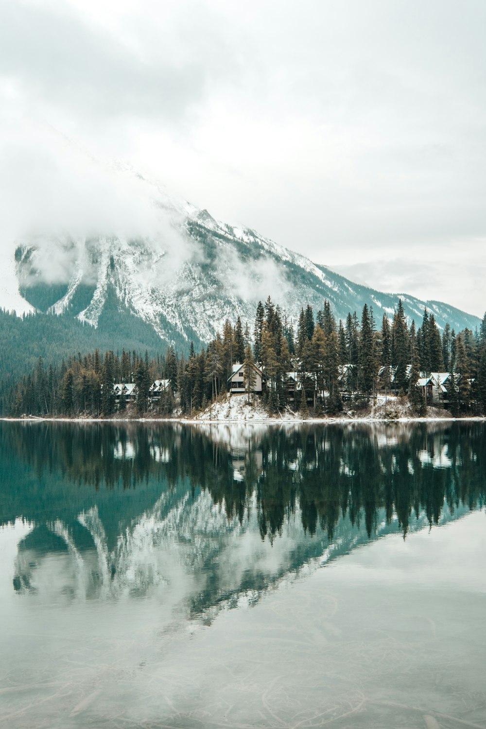 Montagna ghiacciata e lago con pini