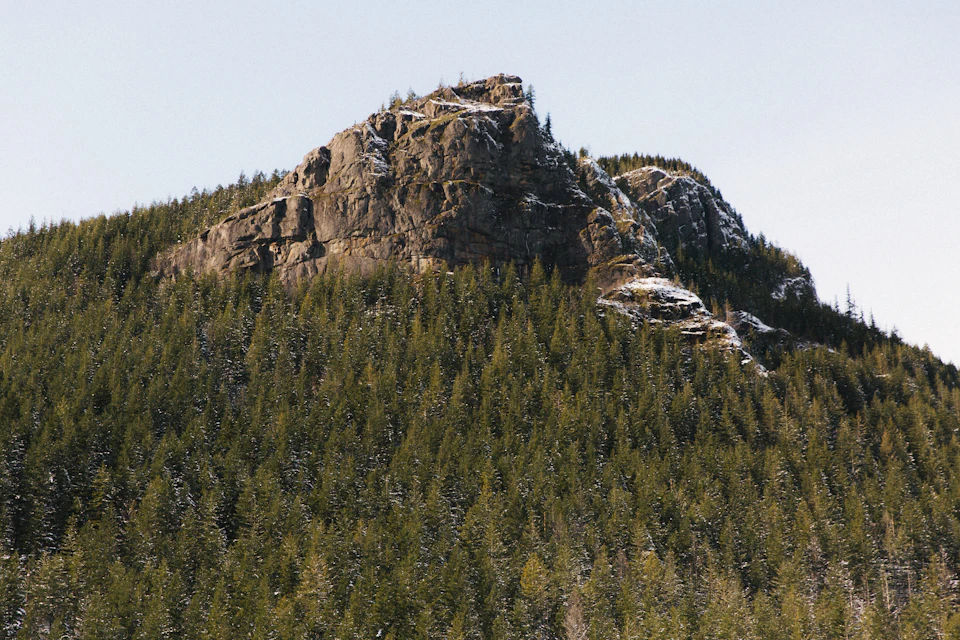 The image depicts a majestic mountain range with two large, snow-covered rock formations on its peak. The mountains are covered in lush green trees and shrubs, creating a vibrant contrast between the rocky terrain and the verdant vegetation. The sky above is a clear blue, providing a serene backdrop to the scene.