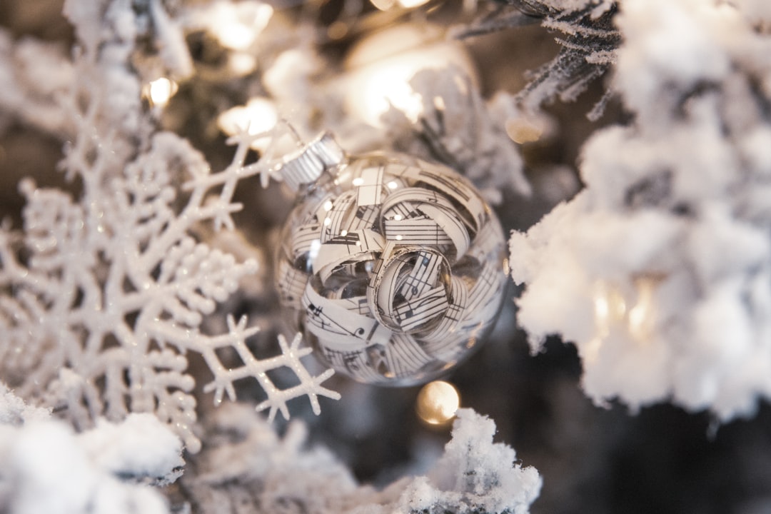 beige bauble, Christmas globe filled with music notes