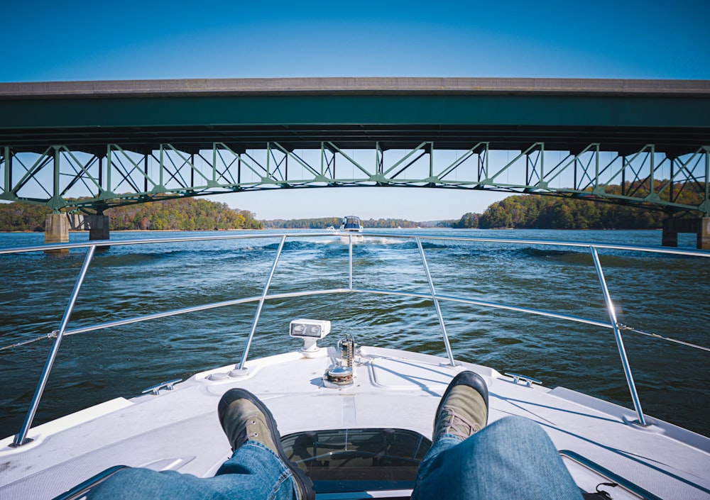 person sitting on motor boat on river