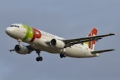 A commercial airplane is flying in the sky with its landing gear extended. The aircraft is painted in white with red, green, and orange accents and the words 'Portugal' and 'TAP' visible on its body and tail.