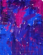 An abstract painting with a vibrant mix of blue, purple, and magenta colors, featuring various brush strokes and textured surfaces. There are visible scratch marks and areas of layered paint giving it a dynamic and energetic feel.