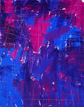 An abstract painting with a vibrant mix of blue, purple, and magenta colors, featuring various brush strokes and textured surfaces. There are visible scratch marks and areas of layered paint giving it a dynamic and energetic feel.