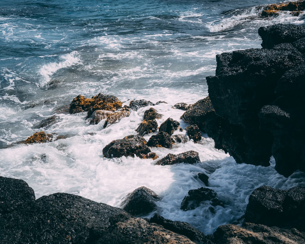 waves crashing on coastal rock during daytime