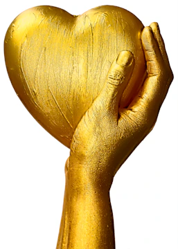 Calming icon for validation showing a gentle hand supporting a glowing heart in beige and gold tones.