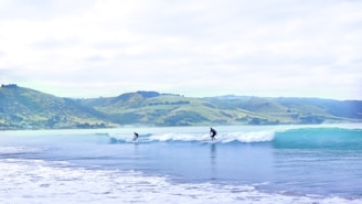 Instructor guiding a small group of surfers in calm waves with lush green hills in the background.
