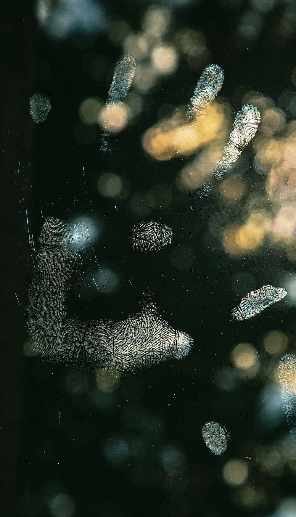 human palm print on clear glass panel