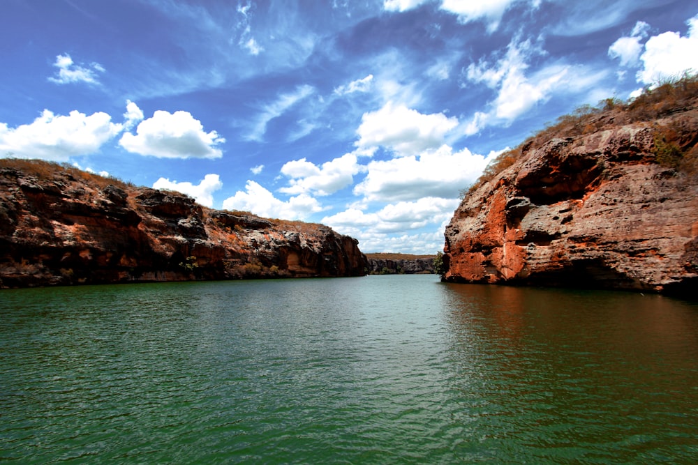 landscape photography of green body of water under a calm blue sky