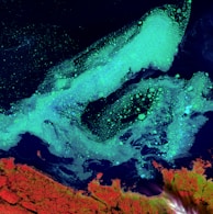 A mesmerizing satellite image captures a dramatic view of Earth's natural formations. Bright turquoise seas act as a striking contrast against deep blue waters, showing swirling patterns that resemble ocean currents or algae blooms. In the lower part, rugged red and orange landmasses highlight the coastline, offering a vivid display of geographical features.