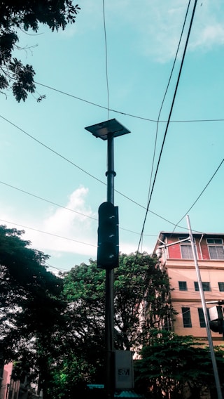 A tall streetlight pole accompanied by a solar panel, surrounded by trees and a few buildings in the background. Several power lines crisscross the scene under a bright sky. The foliage appears lush and green, contrasting with the urban elements.