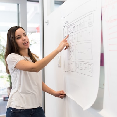 woman standing pointing paper on board